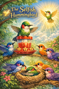 The Selfish Hummingbird is illustrated in a colorful Kidsinco-style image, showing Misty guarding a red nectar feeder while other hummingbirds gather nearby, learning a lesson about sharing and kindness.