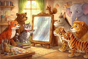 Illustration of animals gathered around a mirror in an artist’s studio, led by a clever cat, discovering their reflections in The Mirror and the Clever Cat play.