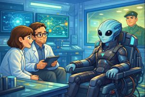 Illustration of Alien Encounter, showing a peaceful extraterrestrial meeting human scientists inside a futuristic research facility after a spaceship crash.