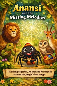 Illustration for Anansi and the Missing Melodies: a cheerful cartoon spider named Anansi stands in a vibrant jungle with Lion, Turtle, Owl, Antelope, and Weaver Bird as musical notes return to the forest.
