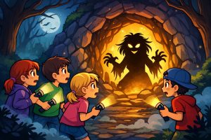 Illustration of Black Annis: The Haunted Hollow in a dark forest at night with a glowing cave entrance. Four children holding flashlights stand near the cave while the shadowy silhouette of a witch watches from inside.
