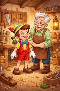 Pinocchio: A Wooden Puppet’s Journey to Becoming Real, cartoon illustration of Pinocchio standing in Geppetto’s workshop with Jiminy Cricket on his shoulder, smiling as he begins his journey to becoming a real boy.