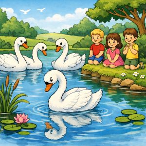 In The Ugly Duckling’s Beautiful Discovery, a young swan gracefully swims on a calm lake while three white swans glide nearby, and three smiling children sit on the grassy shore watching. The swan looks at its reflection in the water, symbolizing the moment it discovers its true beauty.