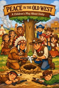 Cartoon illustration for the children's play Peace in the Old West, showing Native Americans and cowboys burying a gun and an arrow tied together under a tree as a symbol of peace.