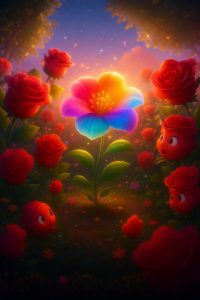 Rainbow Flower: A Bloom of Harmony. A colorful cartoon-style enchanted garden with a glowing rainbow flower surrounded by red roses, symbolizing friendship and harmony.