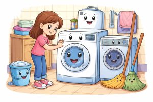 The Kindness That Fixed The Washing Machine. Cartoon-style illustration of a smiling washing machine surrounded by happy household items like a broom, mop, and bucket, while a girl speaks kindly to it in a cozy laundry room.