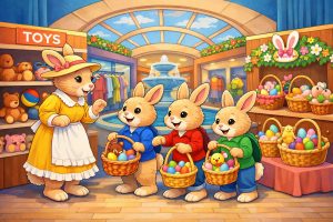 Cartoon illustration of “The Little Bunnies Go Shopping”. In this story, Mrs. Bunny and her three little bunnies are shopping at a mall, happily holding colorful Easter baskets filled with eggs and toys.