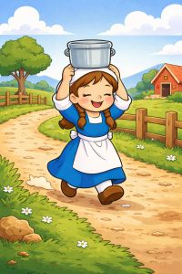 The Milkmaid and her Pail of Milk. Illustration of a young milkmaid balancing a pail of milk on her head while walking through the countryside before spilling it.