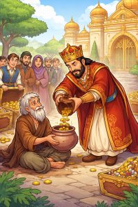 In the Pot of Never Enough cartoon illustration, a humble beggar holding a simple empty pot while a richly dressed emperor offers gold outside a grand palace, symbolizing desire and greed.
