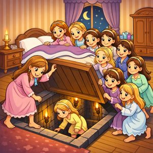 Cartoon illustration of The Twelve Dancing Princesses dancing with enchanted princes in a magical forest of silver, gold, and diamond trees at night.