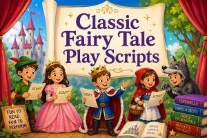 Classic Fairy Tale Play Scripts. Colorful illustration of children performing classic fairy tale play scripts on a stage with a castle backdrop, storybook, and magical characters in costume.