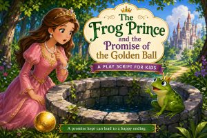 The Frog Prince and The Promise of the Golden Ball. Illustration of a princess in a forest near a magical well speaking to a frog, inspired by The Frog Prince play script for children.