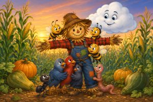 The Scarecrow’s Secret Heart. A cheerful cartoon-style scarecrow stands in the middle of a golden cornfield at sunset, smiling as friendly birds, bees, an ant, and a worm gather around him. A soft, smiling cloud floats above as pumpkins and corn plants surround the scene, creating a warm, magical farm atmosphere.