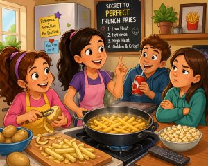 The Secret of Perfect French Fries cartoon illustration of four kids in a cozy kitchen making French fries together, with one girl explaining the recipe while others peel potatoes and react playfully.