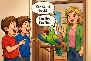 The Talking Parrot's Great Escape. Cartoon illustration of twin boys smiling at a colorful talking parrot perched on a stand while their teacher stands at the door, happily announcing the parrot has returned home.