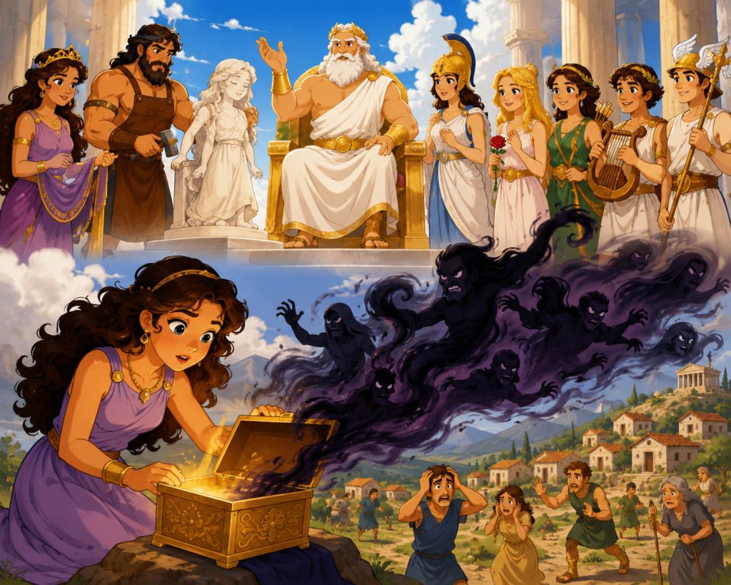 Pandora’s Box: The Gift of Hope. Cartoon-style illustration of Pandora opening a glowing golden box while dark spirits escape into the sky as the gods of Mount Olympus watch from above in ancient Greece.