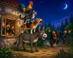 The Musicians of Bremen donkey dog cat rooster standing together making music outside a cottage at night