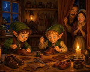 The Shoemaker and the Magical Midnight Helpers. Two magical elves making shoes at night in a cozy workshop while a shoemaker and his wife secretly watch.