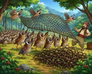 The Unity of the Quails - Cartoon-style quails lifting a large hunter’s net together in a colorful forest while a surprised fowler watches nearby.