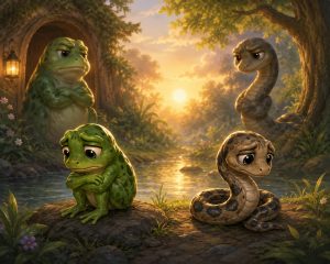 Why Frogs and Snakes Never Play Together. Sad baby frog and baby snake sitting apart near a forest pond at sunset while their parents watch in disapproval, illustrating friendship and prejudice