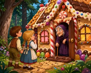 Hansel and Gretel: The Sweet Escape. Illustration of Hansel and Gretel standing outside a colorful candy house deep in the forest while a smiling witch watches from the doorway.