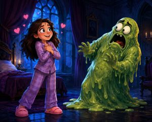 MY NIGHTMARE: DEFEATED BY LOVE - Cartoon illustration of Dianne, a dramatic teenage girl in pajamas, smiling confidently as a startled slime-covered nightmare monster backs away inside a spooky gothic mansion illuminated by eerie blue light.