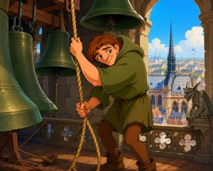 Quasimodo and the Bells. Quasimodo is standing in the bell tower of Notre Dame Cathedral surrounded by friendly, animated bells in a colorful cartoon-style scene.