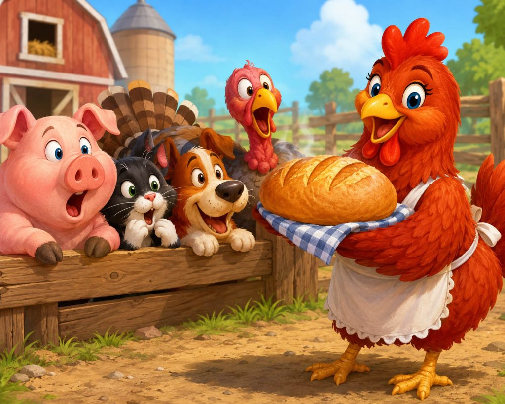 The Little Red Hen: A Recipe for Drama. Cartoon Little Red Hen holding a freshly baked loaf of bread while farm animals watch in a colorful barnyard.