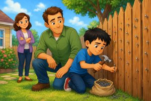 llustration of Christian hammering nails into a wooden fence while his father gently teaches him a lesson about controlling anger in The Bag of Nails: A Lesson That Left a Mark.