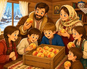 Peaches illustration. A Russian family gathers around a crate of golden peaches in their cozy home on a snowy winter day.
