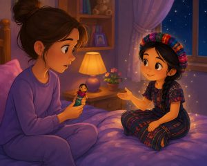 The Worry Doll's Big Secret cartoon illustration of Elaine talking with a magical Guatemalan Worry Doll in her bedroom before bedtime.