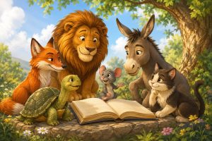 Aesop Fables: Free Play Scripts For Kids illustrated with friendly animals gathered around an open storybook in a sunny meadow.