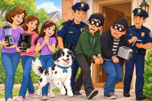 Detective Dog Niki: The Case of the Stolen Things. Niki helps police catch two silly burglars in a colorful cartoon scene.