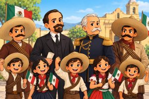 La Revolucion Mexicana: Guion Teatral Infantil y Educativo. Niños vestidos de revolucionarios junto a Francisco I. Madero, Francisco Villa y Emiliano Zapata en una obra de teatro escolar