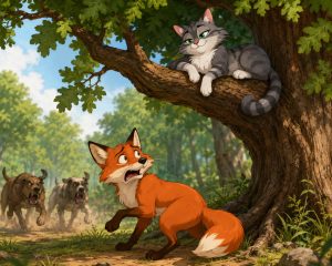 The Fox and the Cat. Cartoon illustration of a clever Cat safely perched on an oak tree while a boastful Fox faces a pack of hounds in a forest clearing.