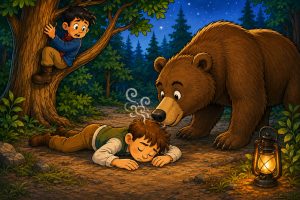The Fortune-Telling Bear. Cartoon illustration of a bear sniffing Samuel as he lies still on a forest path while Manuel watches nervously from a tree.