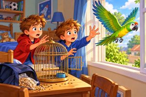 Our Class Pet: The Runaway Parrot play script for kids featuring two twin brothers and their class parrot Rex in a funny classroom story.