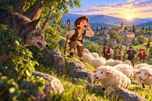 Peter and the Wolf: A Lesson in Honesty illustration showing a young shepherd calling for help as a wolf approaches his sheep and villagers rush to the hillside.